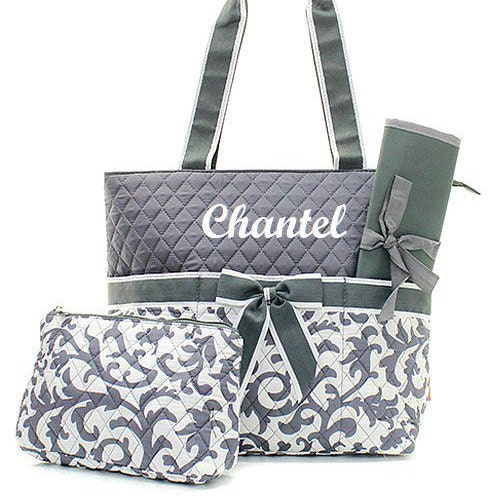 Personalized Diaper Bag Grey Damask Quilted Monogrammed Gray