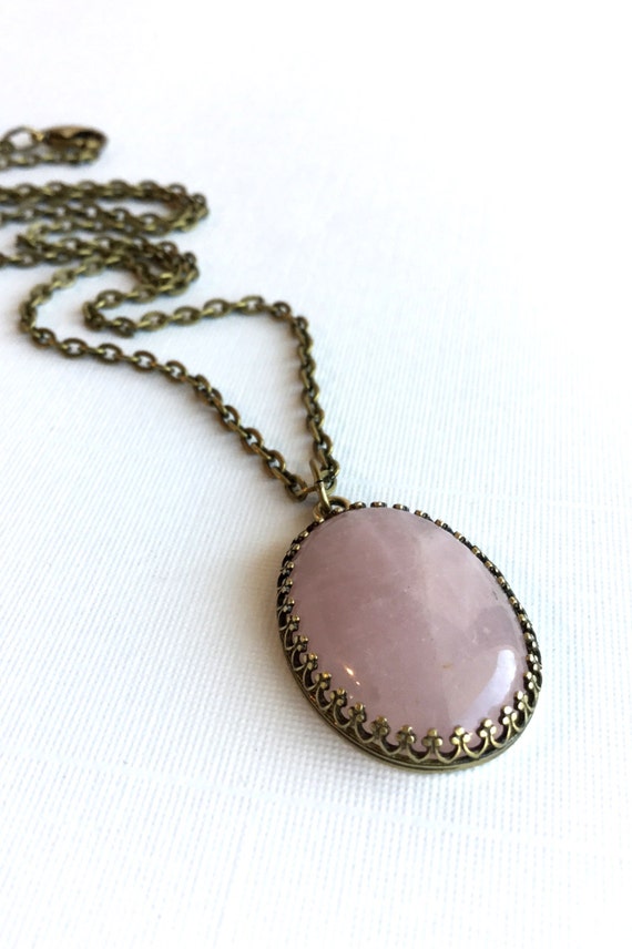 Pink Quartz Necklace, Big Oval Gemstone Jewelry, Natural Stone Rose