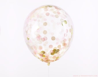 Confetti Balloon - Blush Pink and Gold - Choose 12, 16, 18, 36 inch - Large & Small - Ivory Champagne 1" Circle Filled - Tissue Paper Decor