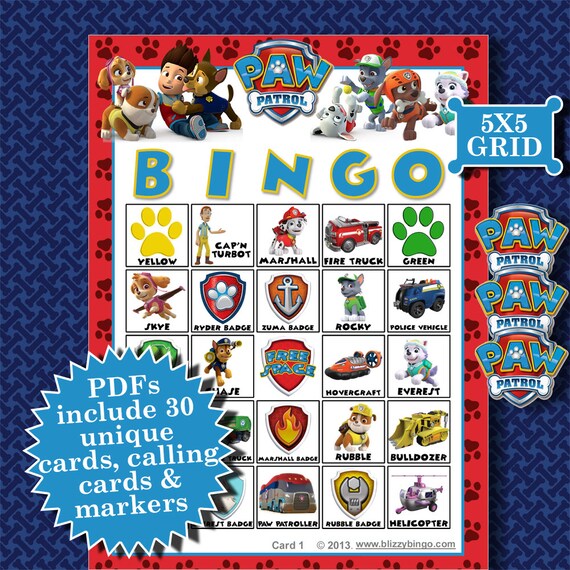 PAW PATROL 5x5 Bingo printable PDFs contain everything you