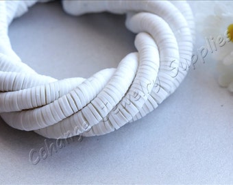 African Vinyl Disc Beads, (6mm) Disc Beads, Half Strand 8" White Fimo Bead, African Vinyl Record Disc, Disc Beads, Polymer Clay Disc Beads