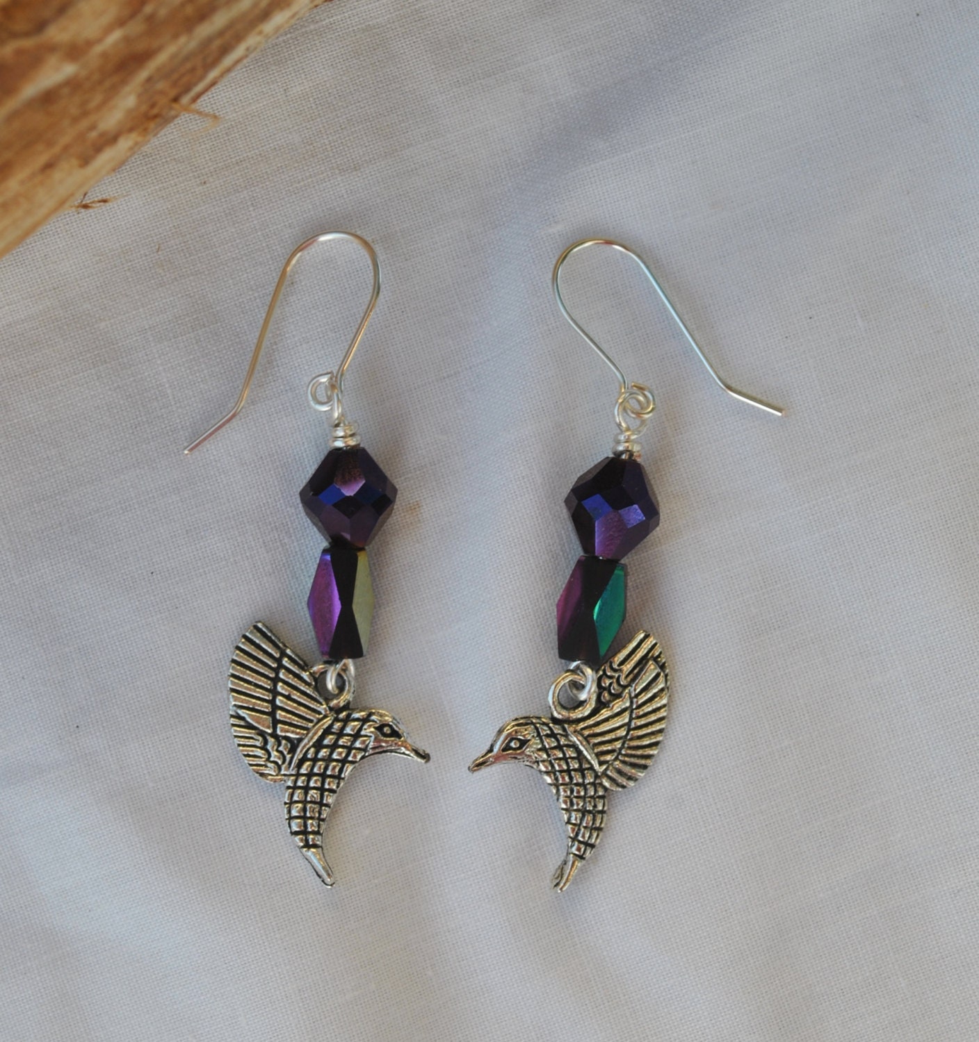 Hummingbird earrings bird charm earrings purple bead