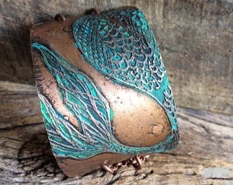 Mermaid Tail BRASS Cuff Bracelet - Etched - Mermaid