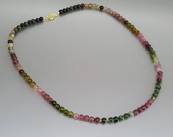 Beaded Watermelon Tourmaline Necklace with 14K gold plated elements - gift idea - multi color stone - natural gemstone beads