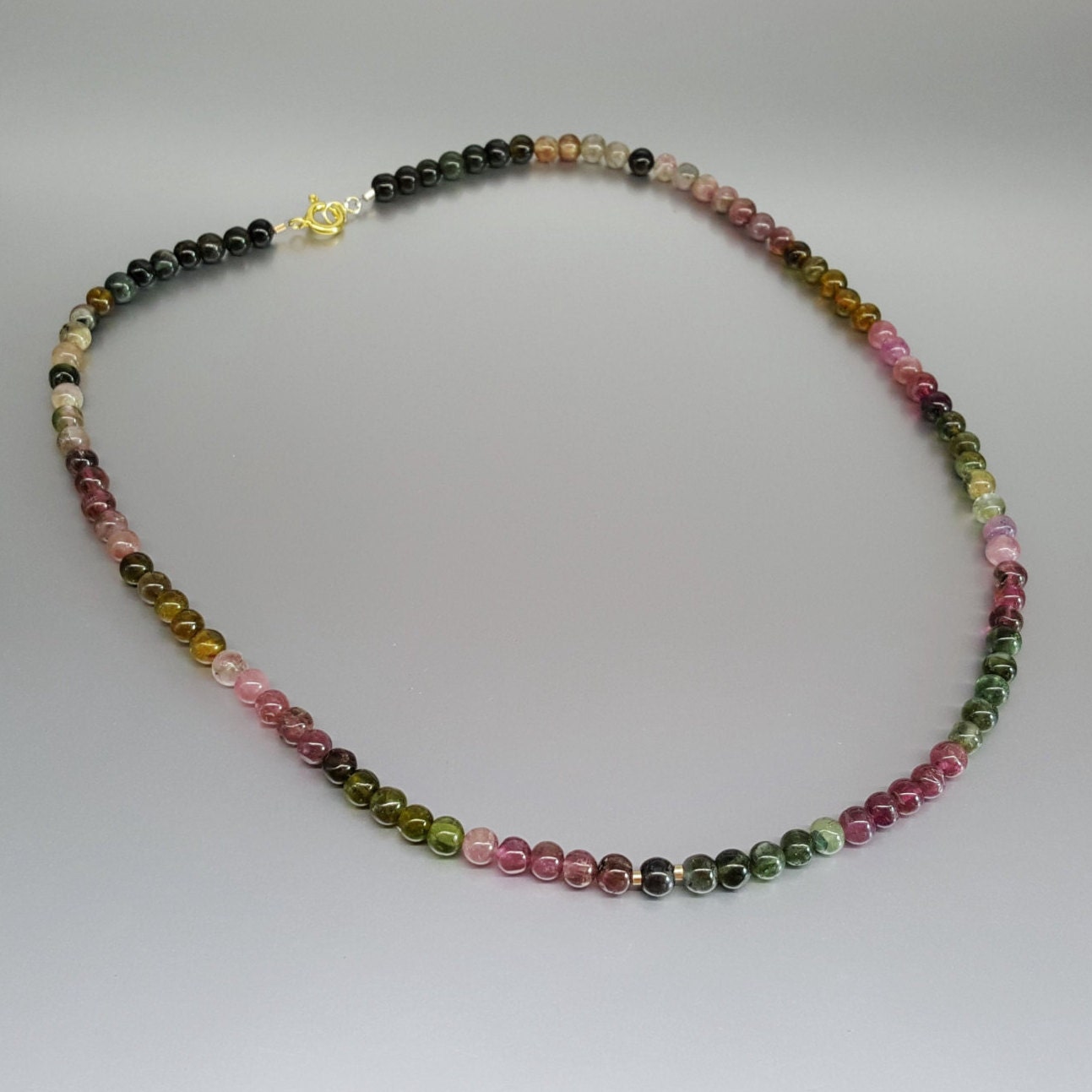 Beaded Watermelon Tourmaline Necklace with 14K gold plated