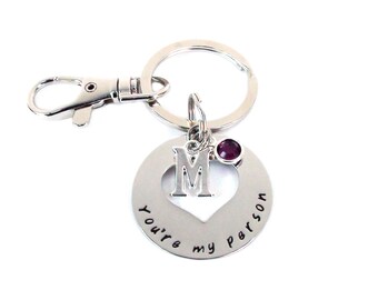 Youre My Person Purse Charm Birthstone Included Hand Stamped Jewelry Personalized Gift Handmade Stainless Steel Heart Washer Cutout Keychain