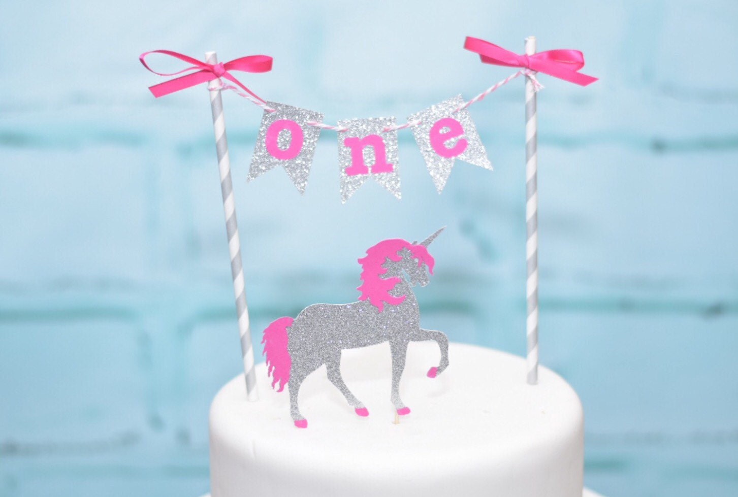 Hot Pink and Silver Unicorn Cake Topper by RusticDaisyDesigns