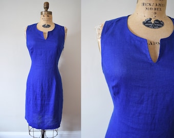Cobalt Linen Dress // 80s 90s Italian Resortwear Summer Frock // S