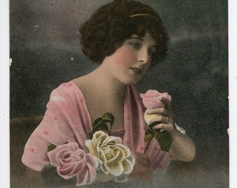 1900s Pretty Woman Pink Roses Postcard Antique Vintage Victorian Edwardian Romance Flowers Glamour