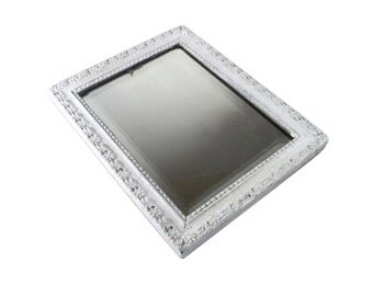 Rectangular White Gray Mirror, Art Nouveau Distressed Mirror, French Grey Wall Hanging Mirror, Square Frieze Wall Mirror, Beveled Glass