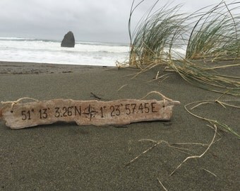 Longitude Latitude Driftwood Sign Housewarming Gift, Custom GPS coordinates lake house wood decor new beach home couple wedding anniversary