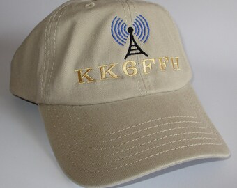 Custom embroidered hats / caps, "HAM RADIO HAT" with radio antenna and your callsign