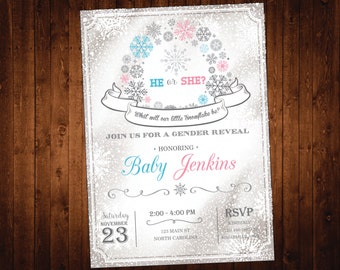 Snowflake Gender Reveal Party Invitation - Winter Wonderland Gender Reveal Invite - Pink or Blue Boy or Girl He or She