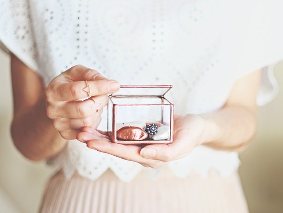 NEW! Mini Glass Box / Lidded Glass Ring Bearer Box / Copper Wedding Ring Box / Spring Wedding / Copper Jewelry Box / Ring Pillow Alternative