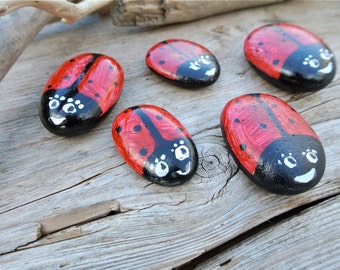 Hand Painted Pebble Bugs, Rock Art, Lady Bugs, Painted Pebbles, Beach Pebble Art, Painted Rocks