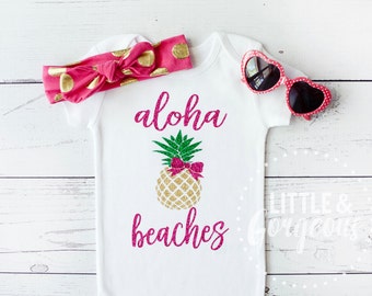 Baby Girl Shirt, Baby Girl Onesie, ALOHA BEACHES, Baby Girl Shirt, Baby Shower Gift, Summer Outfit, Glitter Shirt, Glitter Onesie