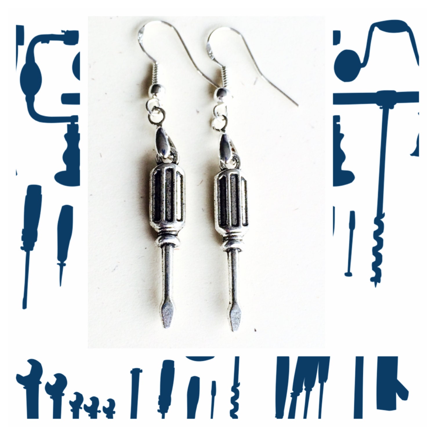 Silver Screwdriver Earrings 925 Sterling Wires Tool Earrings