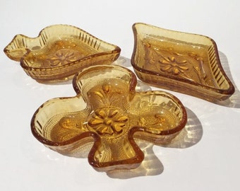 Tiara Sandwich Glass Bridge Set, Mint Dishes, Pin Dishes, Sandwich Glass Bridge Set, Tiara Amber Glass Sandwich Design Candy Dishes