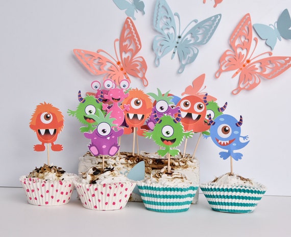 16 Monster Cupcakes Toppers Little Monster Party Supplies