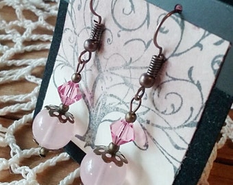 Rose quartz earrings, crystal earrings, bronze earrings