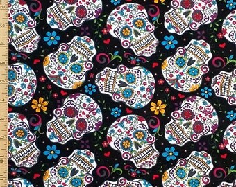 Sugar Skull Fabric, The Day of the Dead Fabric, Dia De Los Muertos Sugar Skulls Print Fabric, 100% Cotton Fabric by the Yard