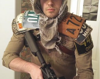 CUSTOM - Fallout-Style Post Apocalyptic, Mad Max, Vintage License Plate Shoulder Armor w/ Bicep Guard