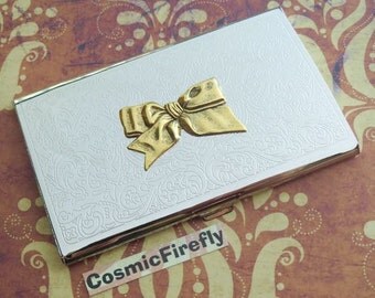 Tied Bow Business Card Case Gothic Victorian Vintage Inspired Style Slim Card Holder Gold Bow Present Women's Gift Silver Plated Case NEW