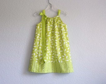 New! Lime Green Pillowcase Dress - White Leaves on Green - Chartreuse with White & Black Accents - Size 12m, 18m, 2T, 3T, 4T, 5, 6, 8 or 10