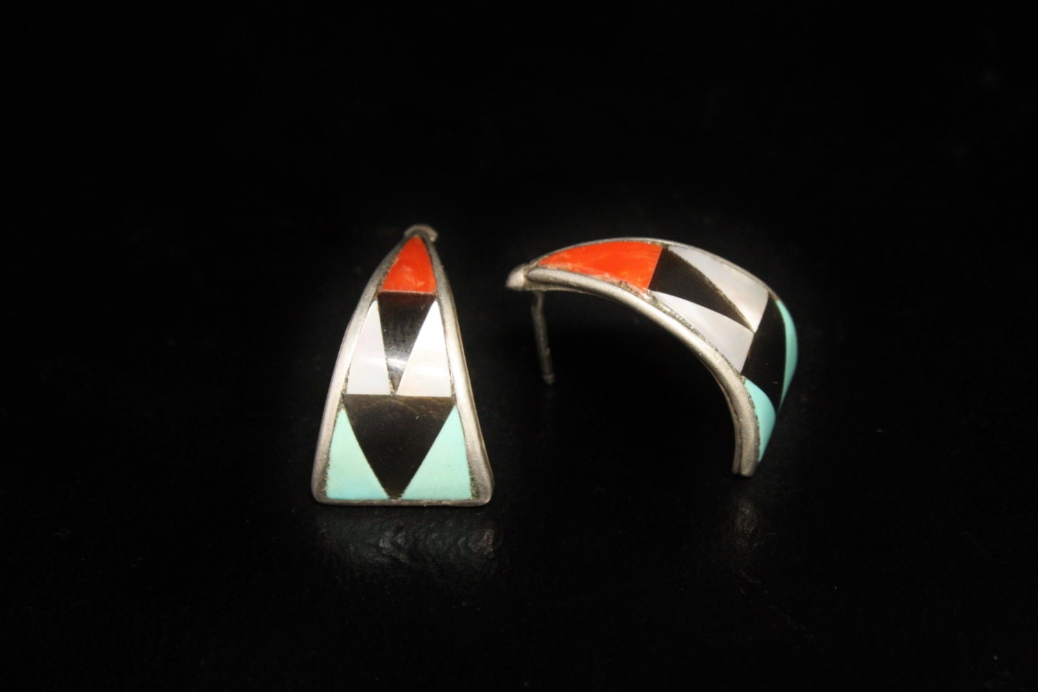 Zuni Inlay Sterling Earrings 4/5 Long Signed Mary Ann