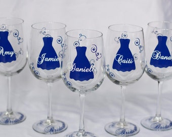 4 bridesmaid dress wine glasses, name over the dress and title on the base, your choice of colors