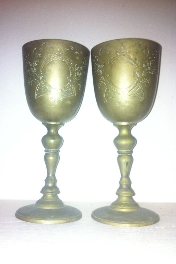 Reserved Hananha EPNS Brass goblets Two Vintage engraved wine