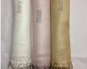 Beautiful Blush Wedding Pashmina Wrap, Shown with Pale Gold Champagne Pashmina Style Shawl, Bridesmaid, Wedding, Pashmina Style Scarf Shawl