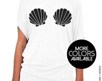 Mermaid Seashells - White Slouchy Tee Shirt - Mermaid Shell Shirt, Mermaid Shirt,Summer Top,Cute Shirt,Shell Top,Womens Shirt,Beach Cover Up