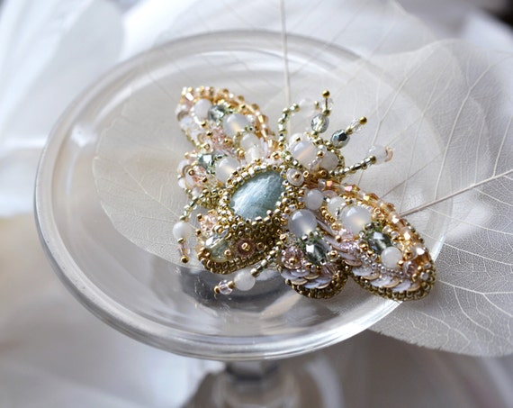 Flying Beetle brooch Spring wedding Aquamarine blush pink Bridal brooch Pastel colour palette Nature motifs Romantic look Designer's jewelry