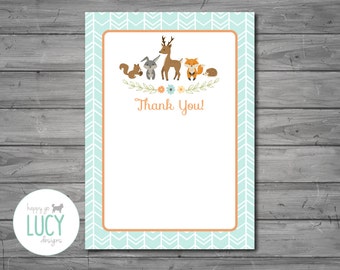 Woodland Thank You Card, woodland baby shower, woodland theme, deer, fox, baby shower, thank you, DIGITAL FILE