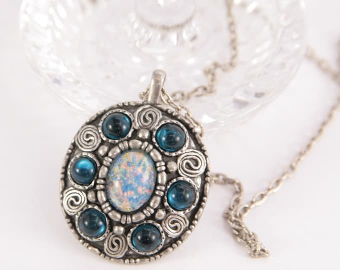 Large Vintage Pendant Silver Blue Necklace Blue Fire Opal Sapphires Gemstone Imitation Signed MIRACLE Necklace On Chain Fashion Necklace