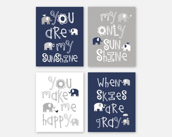 Elephant Nursery Decor -Baby Boy Nursery Art - Elephant Nursery Prints - Elephant Nursery Art - Navy White Gray - Baby Room Elephant Decor