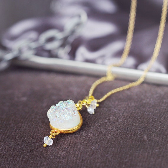 Druzy, Diamond & Moonstone Necklace - Wedding / Bridal Necklace