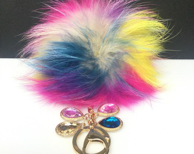 NEW Tropical Swirl™ Crystals Multi Color Raccoon Fur Pom Pom bag charm clover flower charm keychain piece no.409