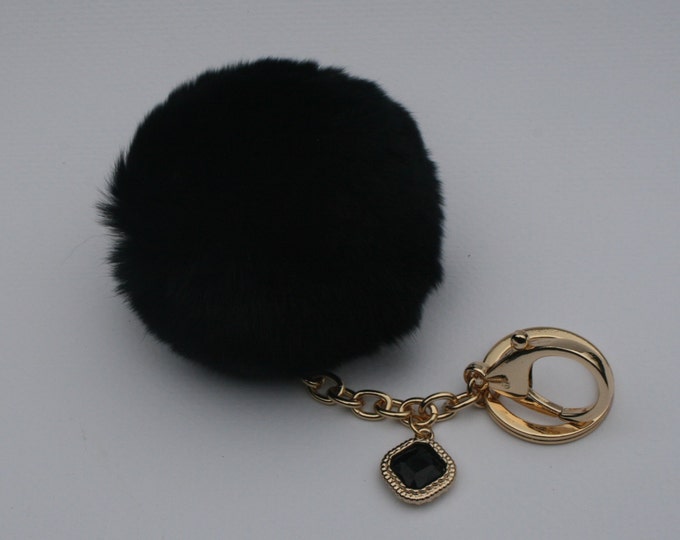 SUMMER SALE Crystals Collection Black fur pom pom keychain REX Rabbit fur pom pom ball with diamond shaped bag charm