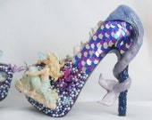 Mermaid Heels Custom Hand Sculpt Paint Purple Blue White Shoe Size 3 4 5 6 7 8  High Platform Pearls Shell Sea Sequins Starfish Plant Clam