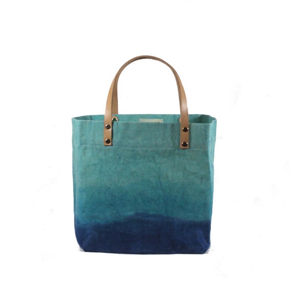 Small Waxed Cotton Canvas Tote Bag Turquoise/Blue Leather