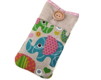 Google Pixel sleeve, Google Pixel XL case, Padded Google Pixel XL sleeve, Protective Google Pixel cover Linen pocket Pouch - elephants