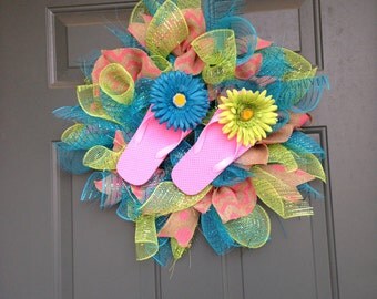 Items similar to Summer Flip Flop Deco Mesh Wreath on Etsy