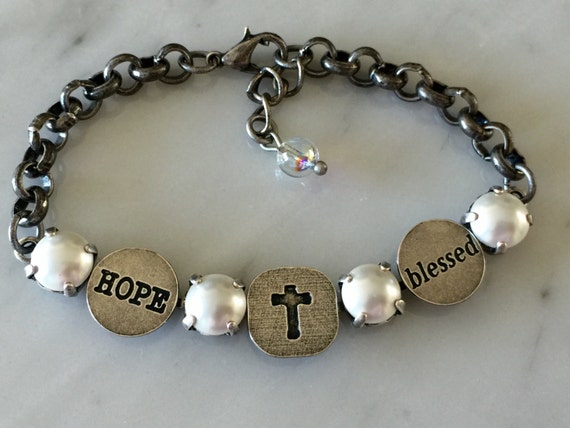 Blessed Bracelet with June Birthstone White Pearl Crystals, in Antique Silver