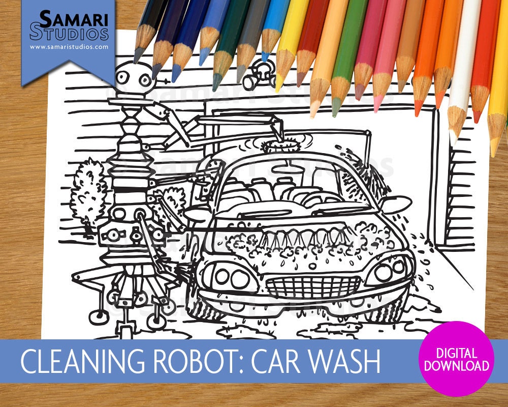 Download Cleaning Robots: Car Wash - Hand Drawn Printable Coloring ...