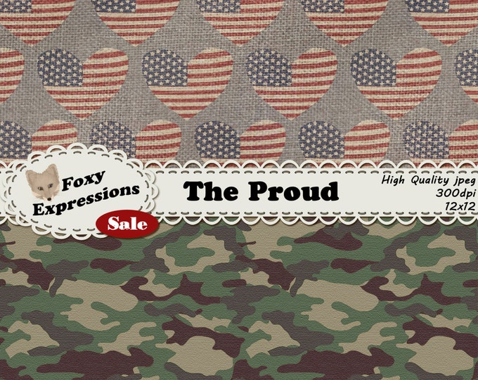 The Proud Digital Paper pack comes in shades of red, white, blue and green. Patterns include stars, stripes, flags, hearts, & camo on burlap