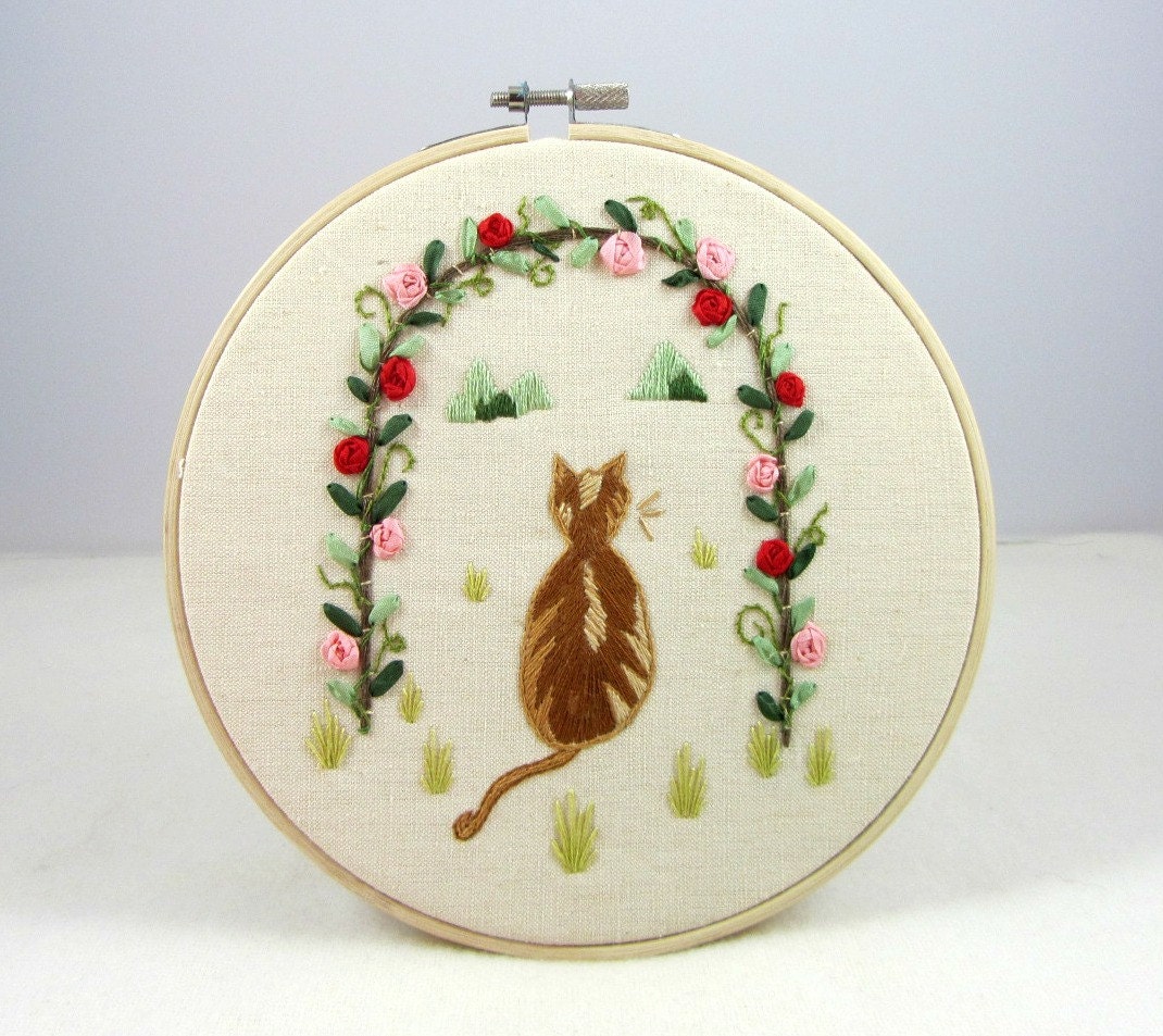 Hand embroidery wall art embroidered cat floral hoop art