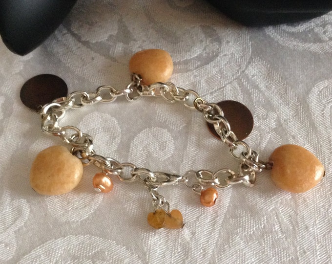 Calcite Charm Bracelet ..sterling silver plate chain, fresh water pearls and hearts bracelet