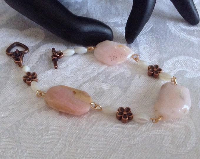 Rustic Peruvian Pink Opal Nugget Bracelet...dainty mother of pearl and petite copper flower , heart toggle bracelet